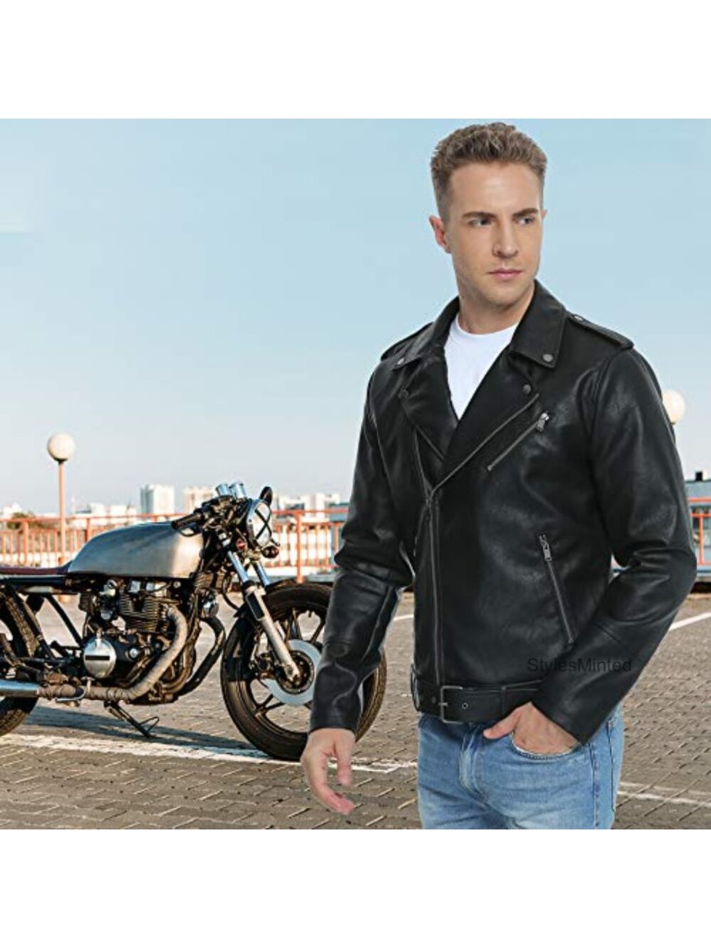 Faux Leather Bomber Jacket Men Motorcycle Lapel Asymmetric Zip-Up Belt Slim Fit - Picture 2 of 5
